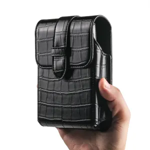 Business Men Crocodile Texture PU Leather Mobile Phone Waist Bag Vertical Flip Folding Screen Smartphone Holster Belt Pouch Black