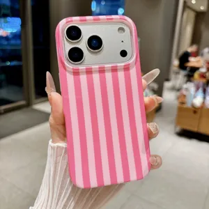 Pink white vertical striped phone case compatible with iPhone 16 Pro Max protective cover.