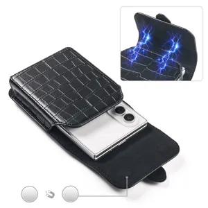 Detailed view of black crocodile texture leather phone holster featuring secure magnetic closure.