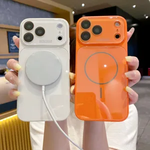 Funda de telefono de vidrio galvanizado magnetico con gran ventana de camara y anillo.