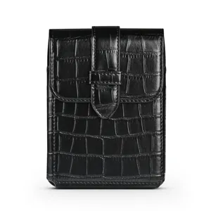 Black crocodile pattern leather phone holster detail view, belt pouch with flap cover close up.