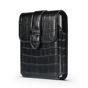 Black crocodile pattern leather phone holster belt case for foldable smartphone business style