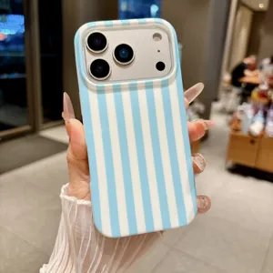 Blue and white vertical stripe phone case detail, showing the exquisite camera cutout.
