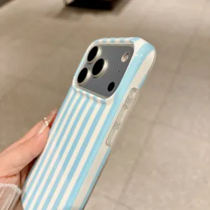 Blue and white vertical stripe IMD phone case detail showcasing precise camera cutouts.