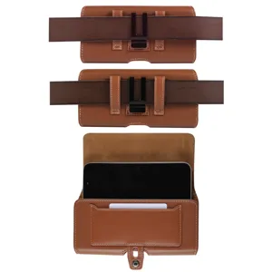 Vista dettagliata della custodia per cellulare in pelle PU marrone con passante.