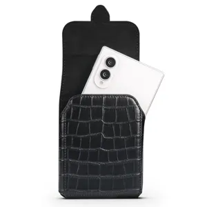 Detailed close up of the premium black crocodile leather phone waist holster with flip cover.
