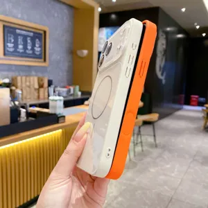 Funda de teléfono magnética para iPhone con parte posterior transparente y parachoques naranja, inalámbrica