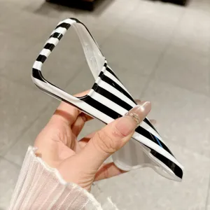 Black and white vertical stripe IMD phone case detail showing precise cutouts and finish.