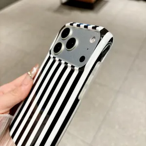Close-up detail of black and white vertical striped phone case showing edge protection.