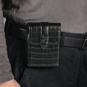 Black crocodile pattern leather phone holster, wearable belt pouch detail view for foldable screen.