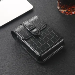 Detailed view of the black crocodile pattern leather phone holster, classic flip belt waist bag.