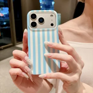 Detail close-up of the stylish blue and white vertical striped protective phone case.