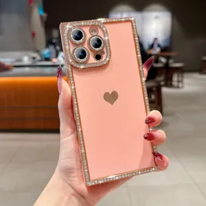 Glamour Glitzer Strass Handyhülle Luxus Diamant Quadratischer Rahmen Rosa für iPhone