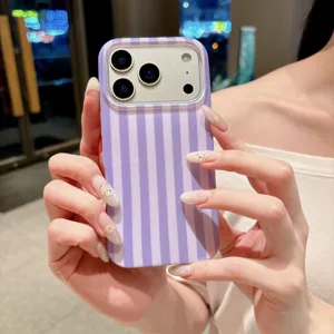 Purple vertical striped IMD phone case detail, full-wrap anti-drop design for Apple iPhone.