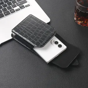 Black crocodile pattern leather waist bag for foldable smartphones, premium belt holster pouch.