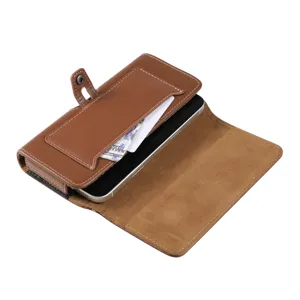 Borsa da cintura per telefono in pelle PU marrone con fibbia magnetica e porta carte.