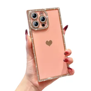 Glitzer Strass elektroplierte quadratische Handyhülle für iPhone, rosa glänzendes Luxus Etui