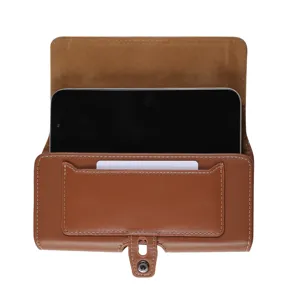 Custodia da cintura orizzontale per telefono in pelle PU marrone con chiusura magnetica e tasca.