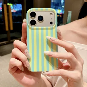 Blue yellow vertical striped phone case close-up showing IMD glossy finish and precise camera cutout