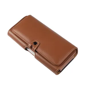 Borsa da cintura orizzontale per cellulare in pelle PU marrone con chiusura magnetica sicura.