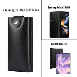 Universal folding phone leather holster with belt clip, black waist protective bag case