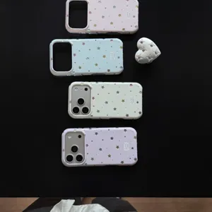 Detailed view of aesthetic Korean style star phone cases with silver heart phone holder.
