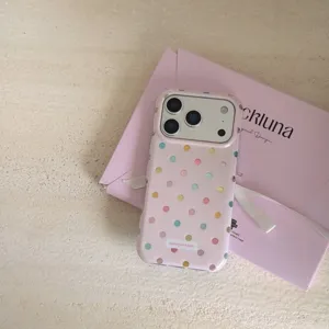 Detailed view of ins style colorful polka dot phone case for iPhone, cute pink protective cover.