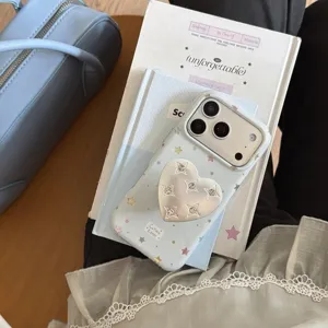 Ins Korean style star phone case for iPhone 17 Pro Max with rhinestone heart grip.