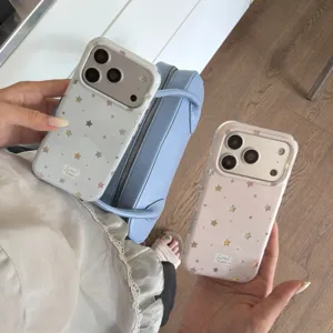 Detailed view of cute colorful stars patterned phone case with smooth curved edges.