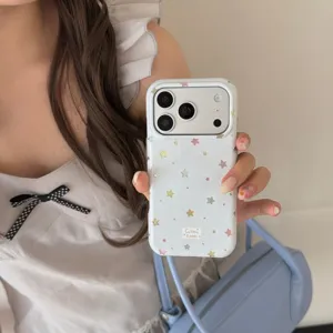 Detail view of a cute Korean style phone case featuring colorful holographic stars for iPhone.