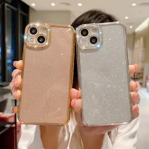 Funda de Teléfono de Lujo con Brillantina y Strass Borde Recto Galvanizado Cubierta Protectora Transparente Antichoque Compatible Con iPhone