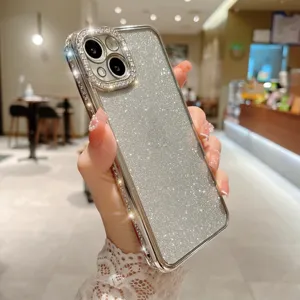 Funda de telefono con camara de diamantes purpurina plateada detalle, funda