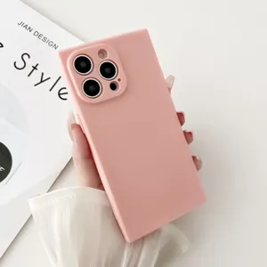 Square solid color TPU phone case detail, full coverage fine hole design for Apple iPhone series.