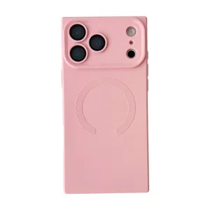 Custodia per telefono magnetica quadrata rosa per iPhone con protezione per lenti in silicone.