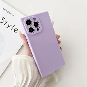 Detail close-up of a stylish square solid color purple TPU phone case for iPhone Pro Max.