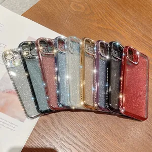 Funda de teléfono transparente electroplateada con pedrería brillante y protección.