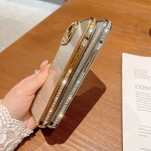 Funda de teléfono de lujo con diamantes de imitación y purpurina con borde recto para iPhone
