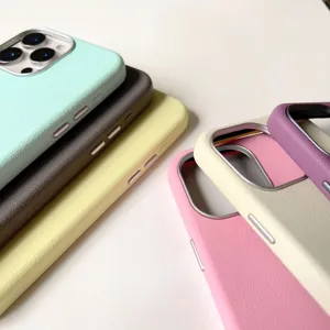 Detail view of minimalist leather texture phone case, pastel colors, soft protective case.