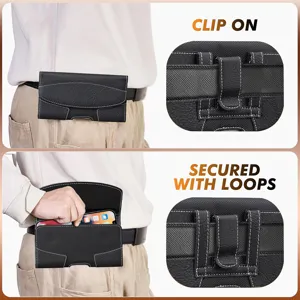 Funda de cuero PU negro para teléfono de hombre con clip de cinturón y presillas.