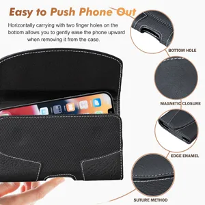 Vista detallada de la funda de teléfono de cuero PU negro con orificio inferior y cierre.