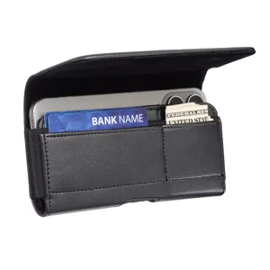 Schwarze PU Leder horizontale Handy Gürteltasche Detailansicht mit Kartenfächern.