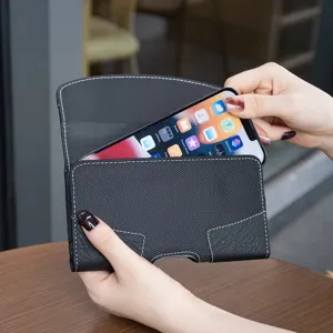 Funda de teléfono para hombre de cuero PU negro y tela con diseño de presilla de cinturón.