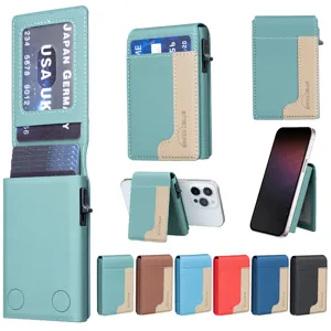 Minimalist Faux Leather Metal Magnetic Flip Card Holder Wallet With Phone Stand Function Contrast Color Anti Theft Multi Slot Vertical Card Case For Men