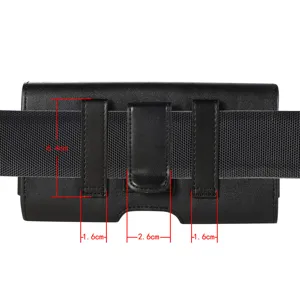 Black leather phone holster detail view, belt loop and magnetic closure dimensions.