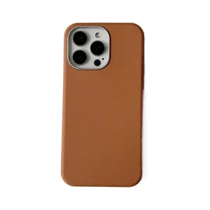 Bruine lederen textuur telefoonhoesje voor iPhone, premium zachte beschermhoes met camera.