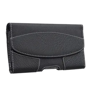 Riñonera universal negra de cuero PU para teléfono de hombre, vista detallada con costuras.