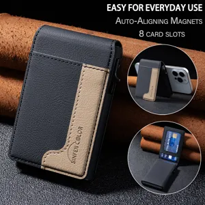 Men's magnetic card holder leather wallet with 8 card slots and auto-aligning metal design.