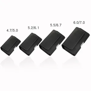 Detailed view of black leather phone belt pouches in four different size options for various models.