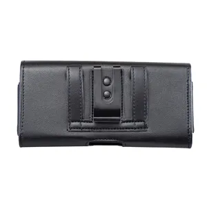 Schwarze PU Leder Handytasche Querformat Detailansicht, Güteklips und Schlaufe für große Handys.