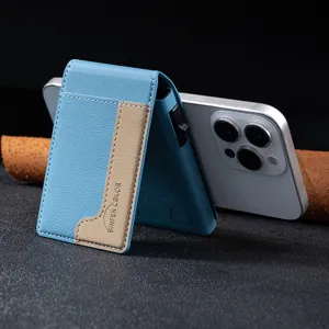 Magnetic leather card holder wallet stand with multi-functional pocket and secure stand.